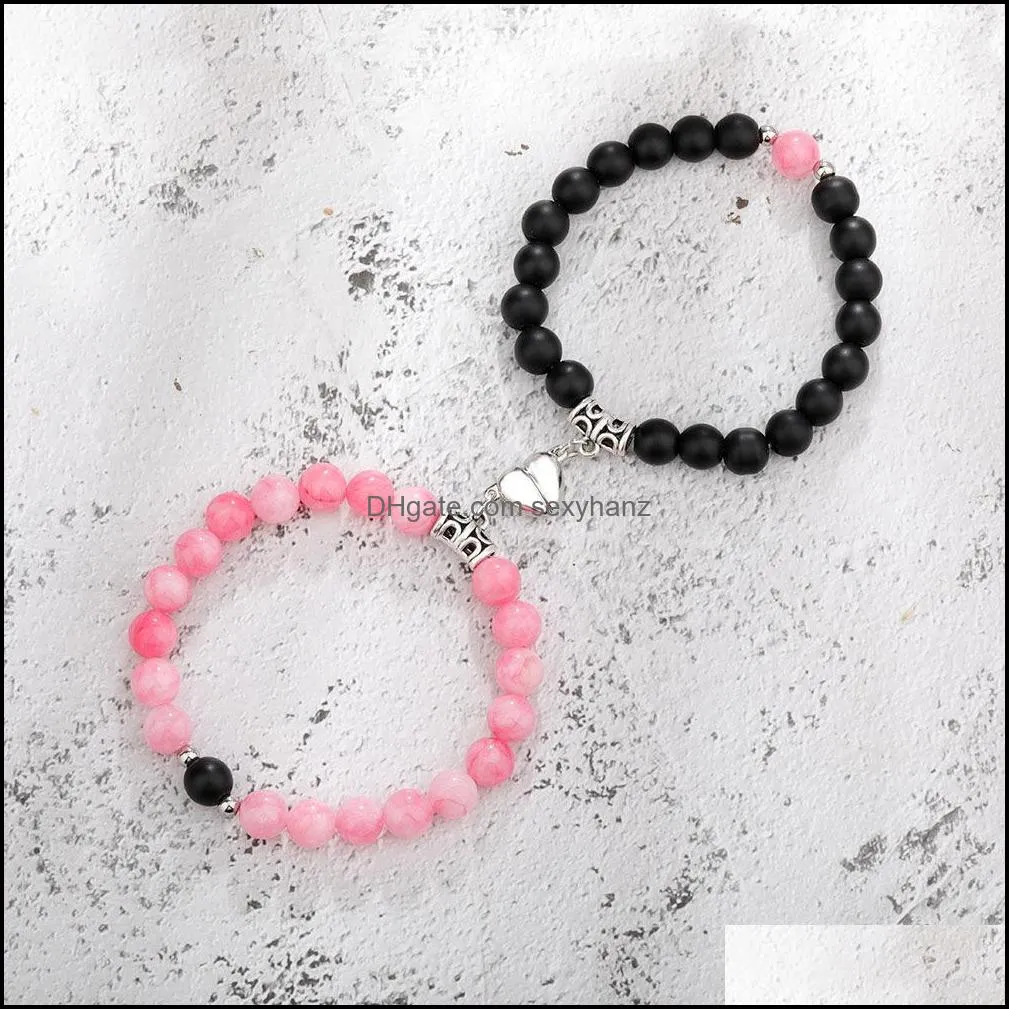 Heart Magnetic Snap Charms Lovers Couple Bracelet Lava Stone Beads Bracelets Unisex Distance Matching Braclet Valentine`s Day Women Men