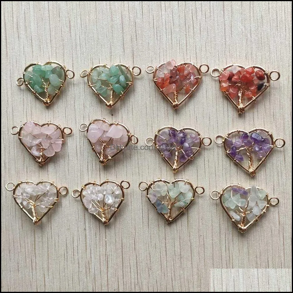Natural Stone Pendants Heart Shape Charms Reiki Heal Tree of Life Connectors for Jewelry Making Diy Women Necklace Gifts