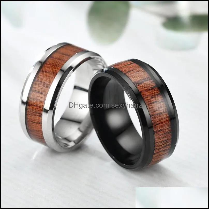 2019 high quality wood inlay tungsten carbide wedding ring 8mm black silver high polished stainless steel ring best gift for men