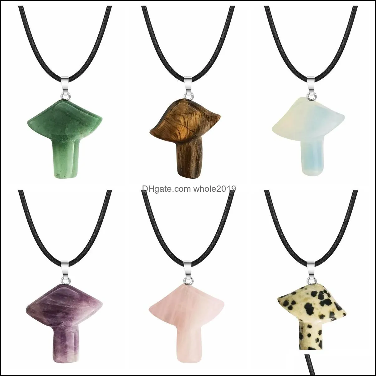 Mushroom Gemstone Pendant Necklace For Women Men Natural Healing Chakra Quartz Crystal Rock Charm Choker Jewelry 45CM Black Leather