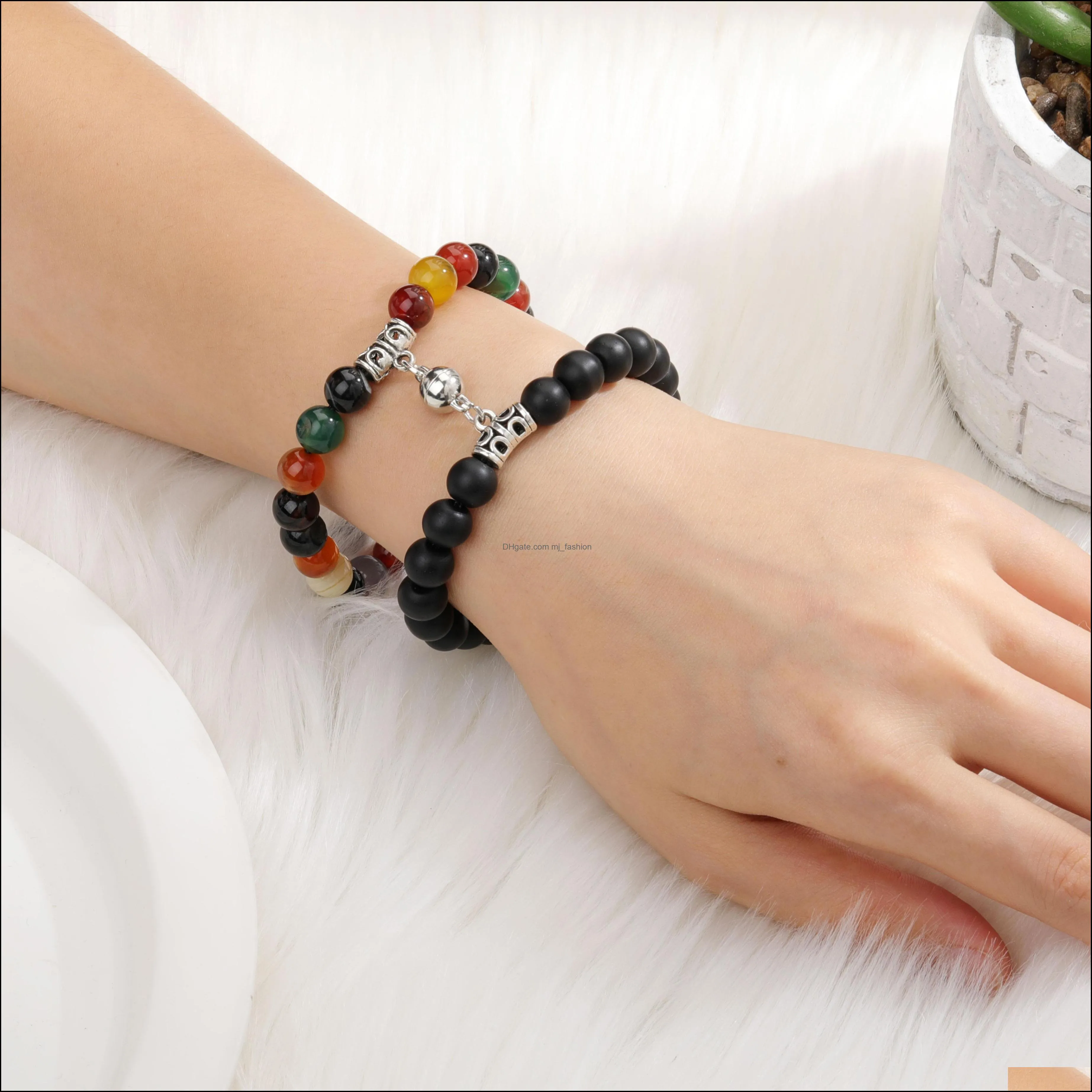 2pcs/set couples friendship jewelry heart distance magnet strands bracelets natural agate stone yoga beads bracelet bangles for women mens lover gifts