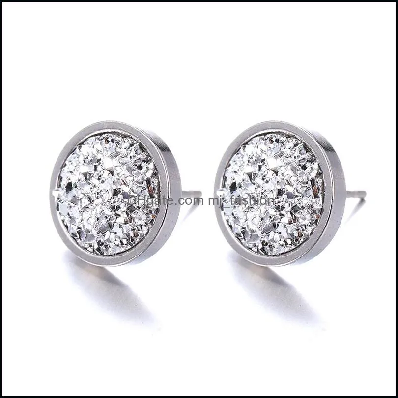 new arrival 12mm handmade round crystal druzy stud earring for women men silver color titanium steel earring fashion jewelry gift