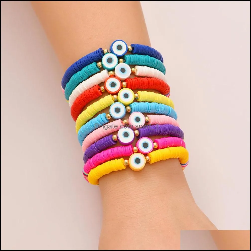 Round Eye Charms Bohemian Colorful Clay Bracelets Braided Women Summer Beach Charm Elastic Soft polymer Female Bracelet Boho Jewelry