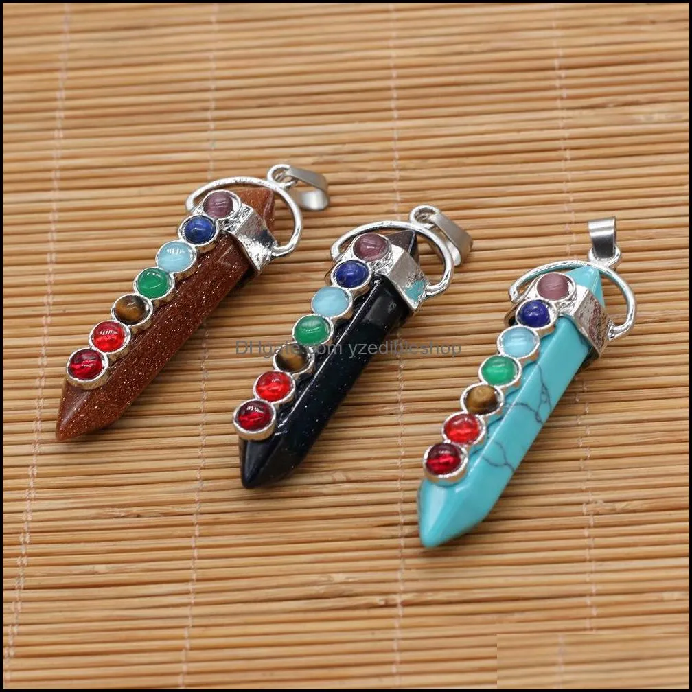 7 chakra stone pillar pendulum charms hexagonal prism healing crystal reiki point pendant for necklace jewelry making