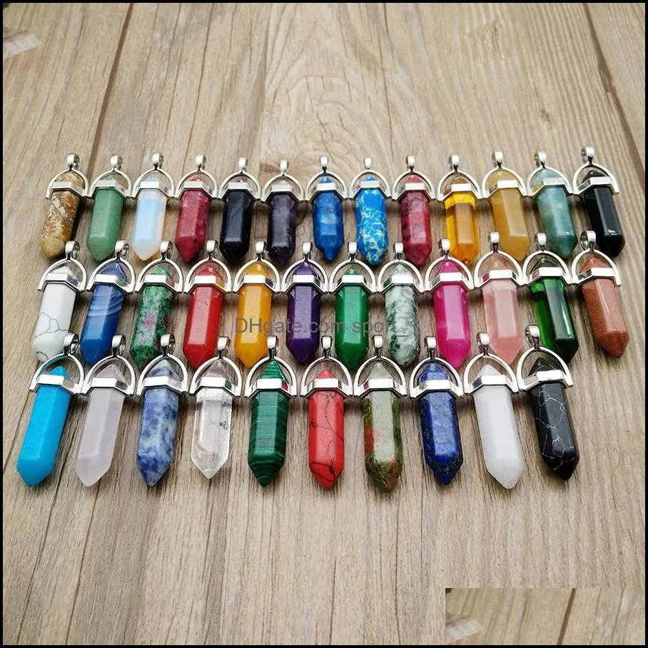 Silver Color Metal natural stone pillar Pendulum charms chakra Hexagonal Prism healing Crystal Reiki Point pendants for Necklace jewelry