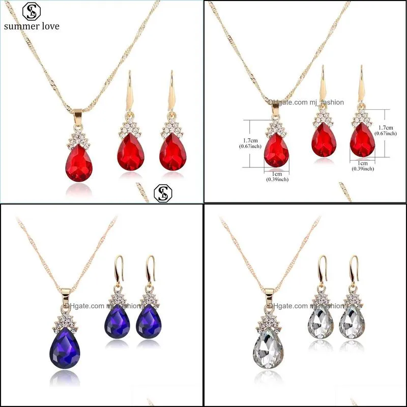 sale rhinestone crystal waterdrop pendant earring necklace set for women exquisite gold plaing necklace wedding party jewelry set