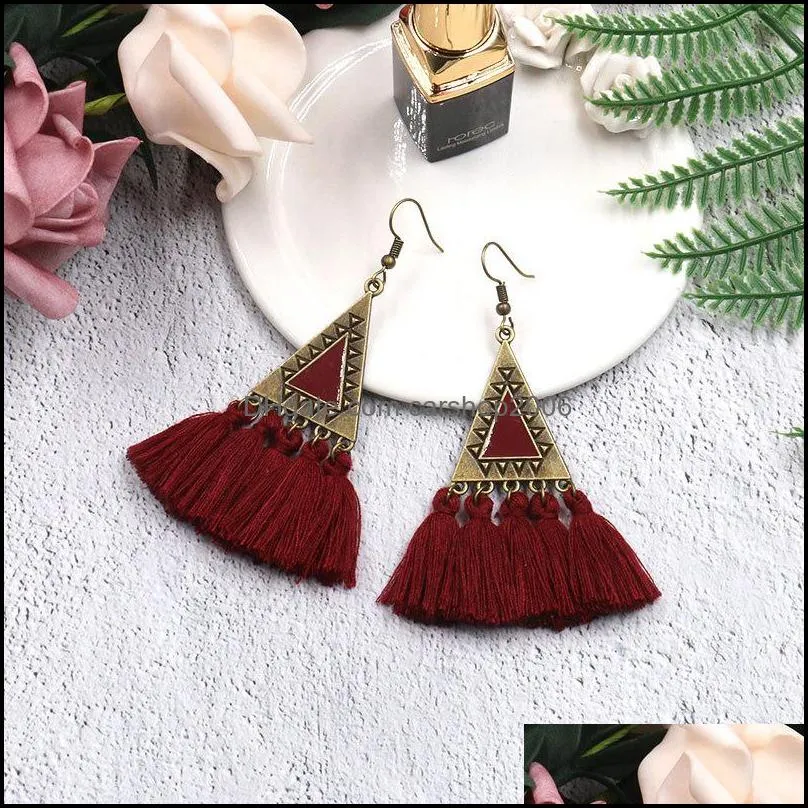 2019 vintage ethnic triangle tassel dangle earrings for women bohemian long fringed geometric drop earring statement jewelry gift