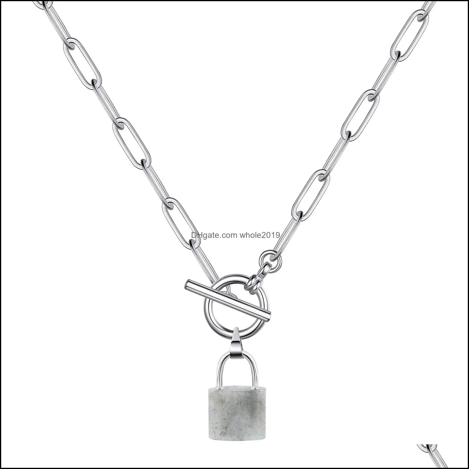 Chunky Punk Silver Chain Y Choker Cuban Link Statement Jewelry for Women and Girls Gemstone Lock Pendant Necklace IQ Clasp