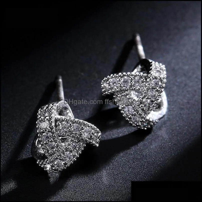 fashion korean designer 925 silver needle knot stud earrings for women girl cubic zirconia earring elegant bride wedding party