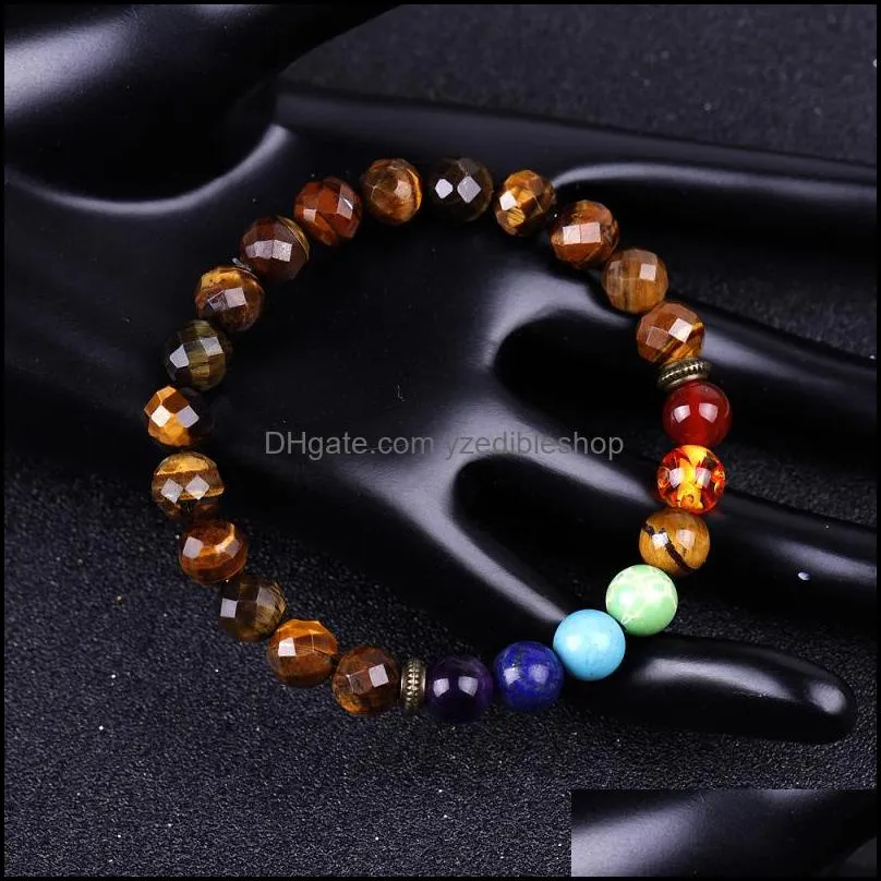 7 chakras men bracelet faceted stripe agate tiger eye stone beads bracelets yoga hand string women jewelry friendship gift