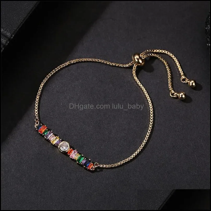 women girls gold rainbow bar crystal charm bracelet adjustable chain tennis colorful cubic zirconia bangle party wedding bracelet