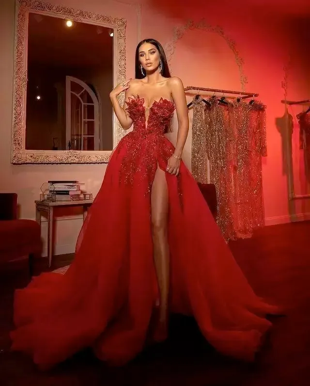Red Arabic Aso Ebi Lace Stylish Luxurious Prom Dresses Beaded Crystals Sexy Evening Formal Party Second Reception Gowns Dress