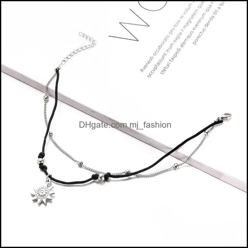 2019 new fashion sun pendant double-layered anklet bracelet for women bohemia simple rope beaded anklet bracelet designer jewelry