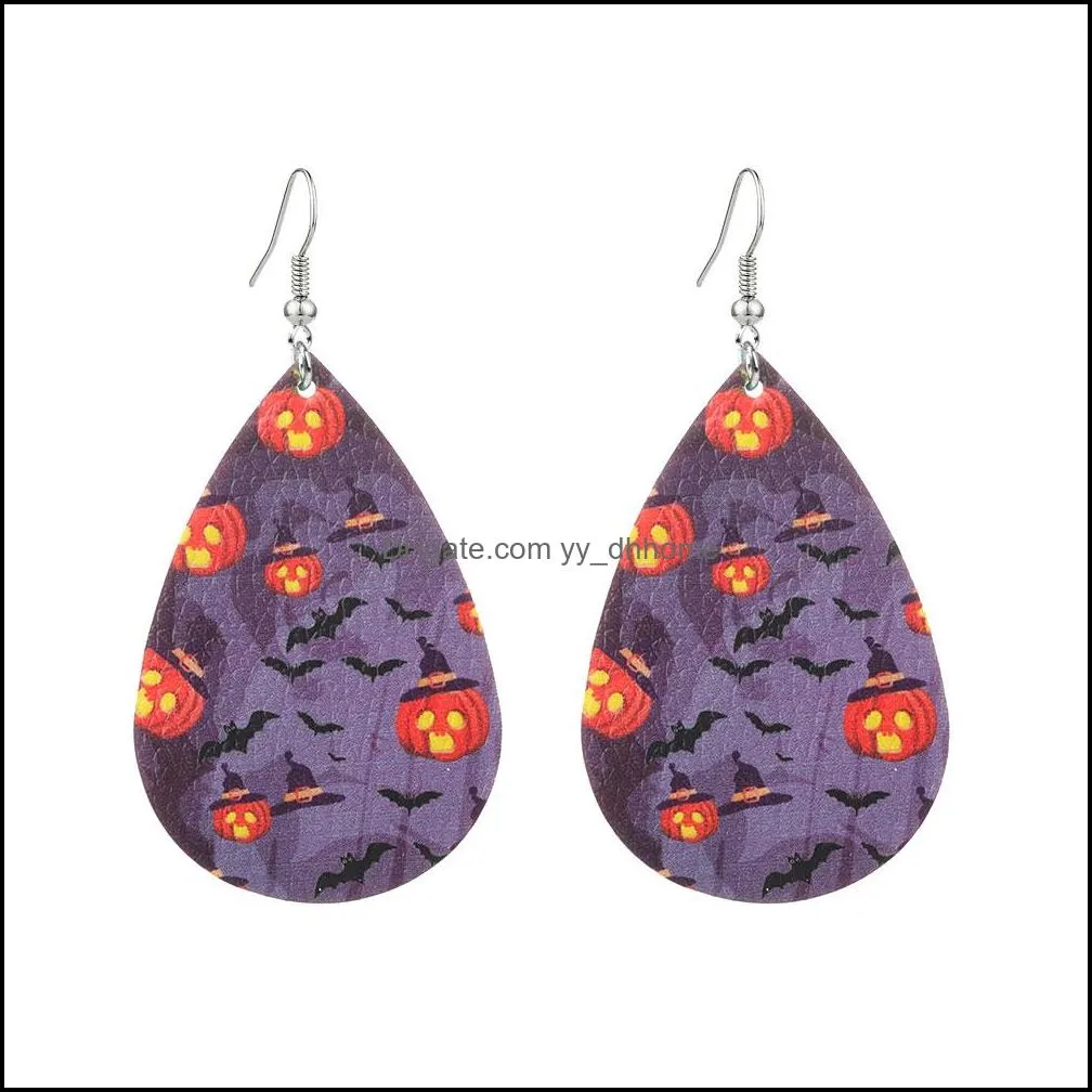 2020 new christmas halloween leather earrings for women girls teardrop pumpkin witch bat hat flowers skull print petal drop earrings