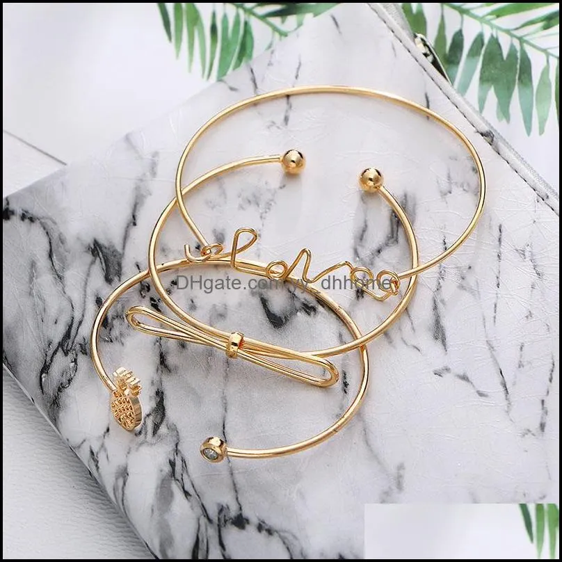 newest 3pcs set pineapple bow love letter cuff bangle bracelet for women silver gold alloy open bangle fashion jewelry set