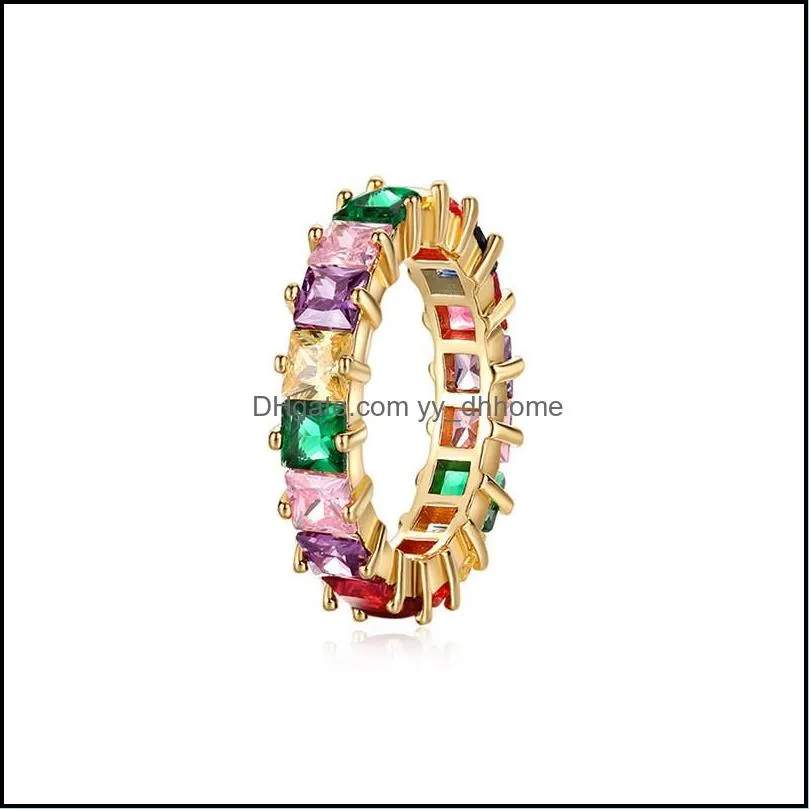 2019 new fashion jewelry rainbow square baguette cz engagement ring for women gold copper cubic zirconia colorful eternity band ring