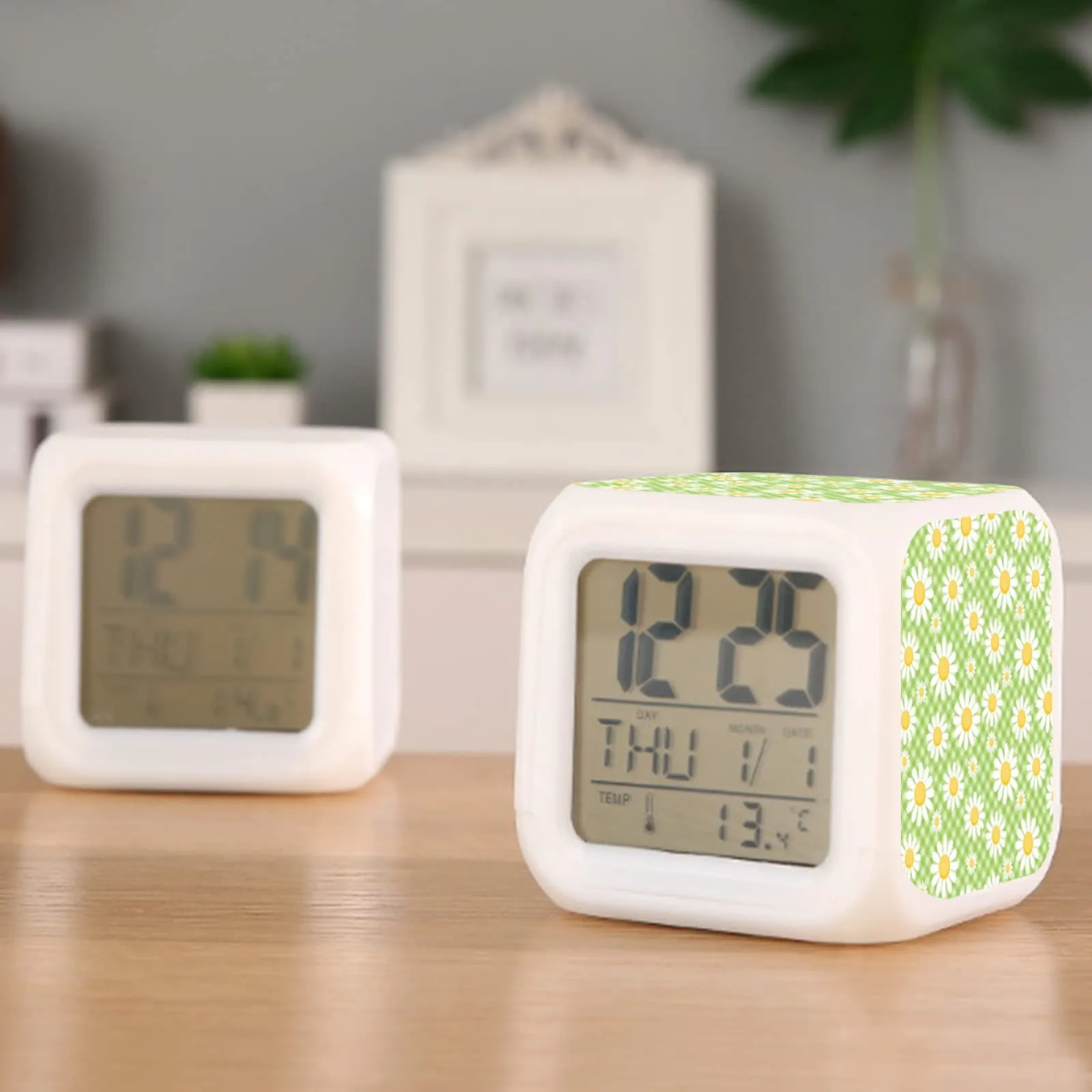 kids alarm clock daisy gingham digital alarm clock with thermometer function 7color night light for boys girls women men