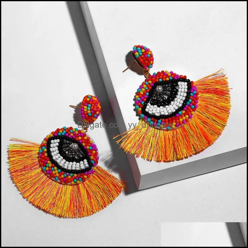 ethnic bohemian tassel dangle earrings for women handmade evil blue eye fringe drop earrings crystal beaded hoop earring statement