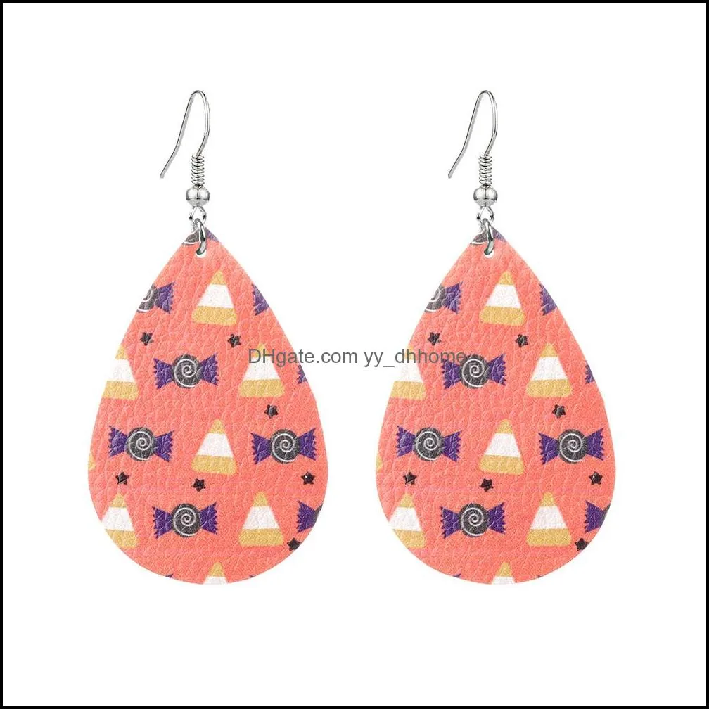 2020 new christmas halloween leather earrings for women girls teardrop pumpkin witch bat hat flowers skull print petal drop earrings