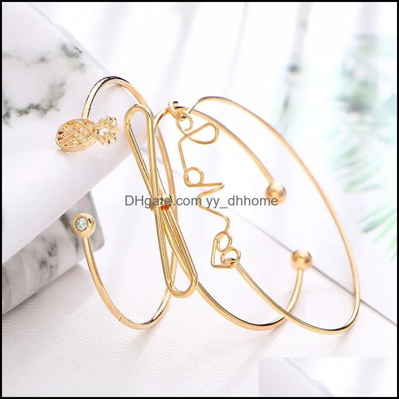 newest 3pcs set pineapple bow love letter cuff bangle bracelet for women silver gold alloy open bangle fashion jewelry set