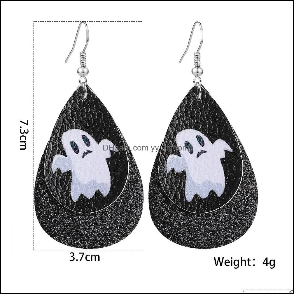 christmas halloween leather earrings for women girls teardrop pumpkin eyes skull print double layer glitter drop earrings jewelry