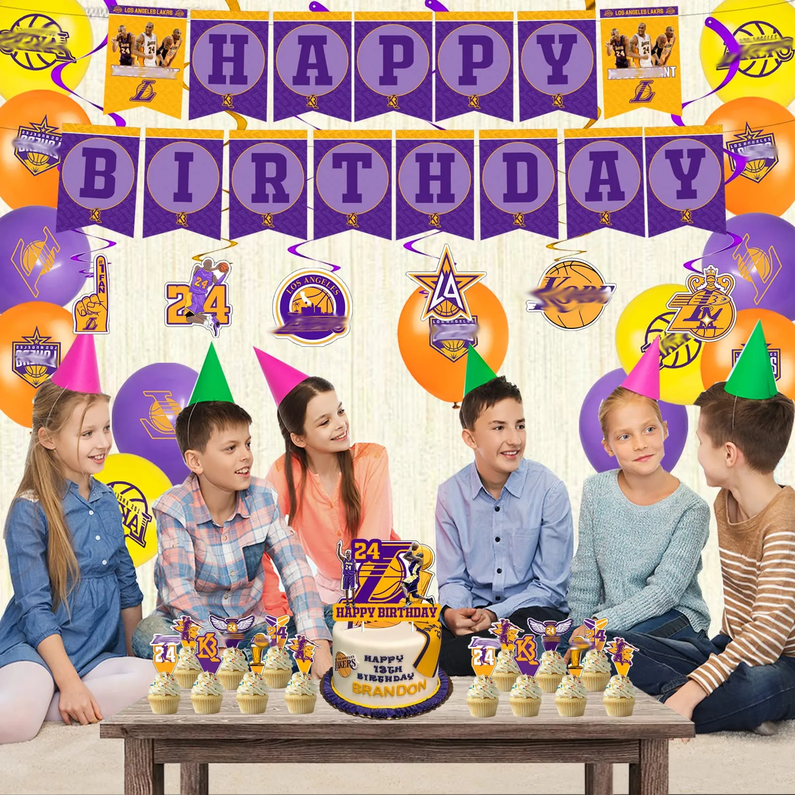 3ml lakers birthday party supplies include banner balloons cake topper cupcake toppers hanging swirls and stickers for kids and fans