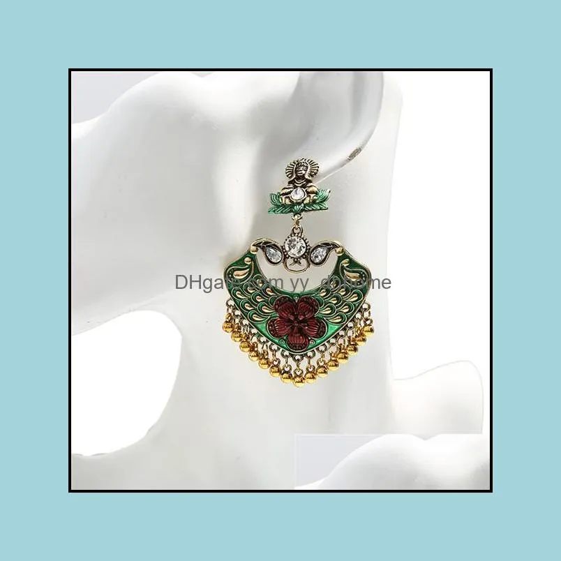 bohemian exaggerate alloy dangle earrings for women creative carved flower bells tassel earrings vintage jewelry gift