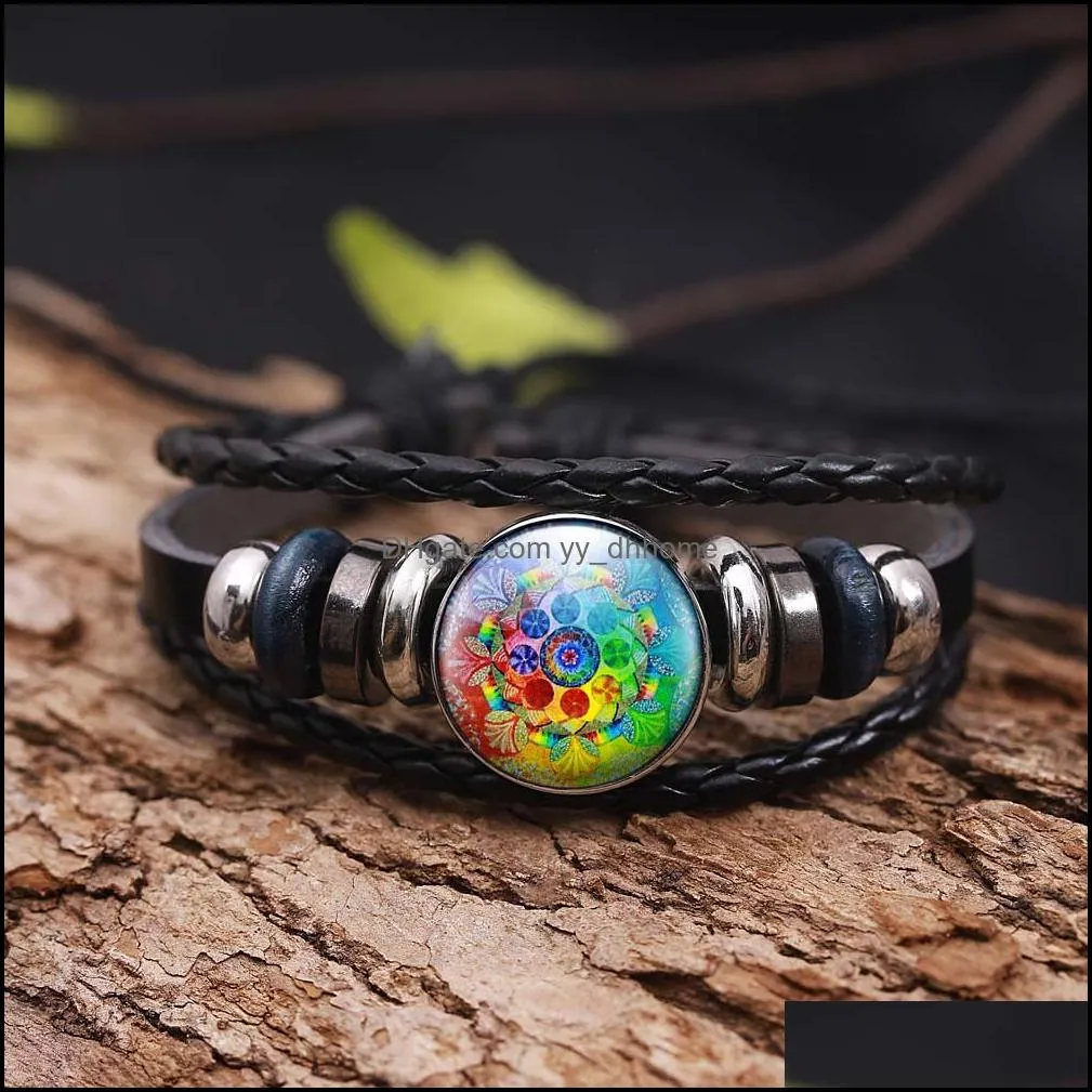 high quality multilayer leather bracelet for men women mandala flower pattern glass tray om symbol yoga buddhism charm bracelet