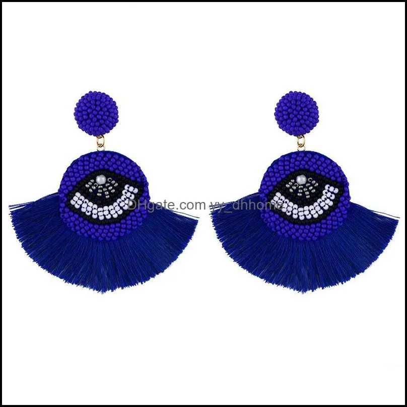 ethnic bohemian tassel dangle earrings for women handmade evil blue eye fringe drop earrings crystal beaded hoop earring statement