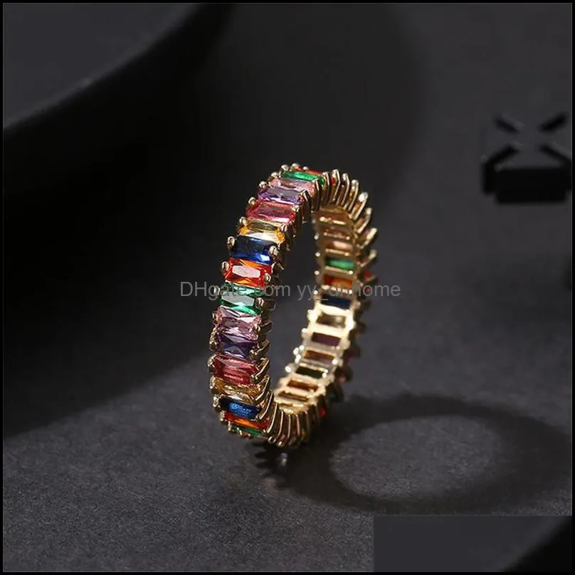 2019 new fashion jewelry rainbow square baguette cz engagement ring for women gold copper cubic zirconia colorful eternity band ring