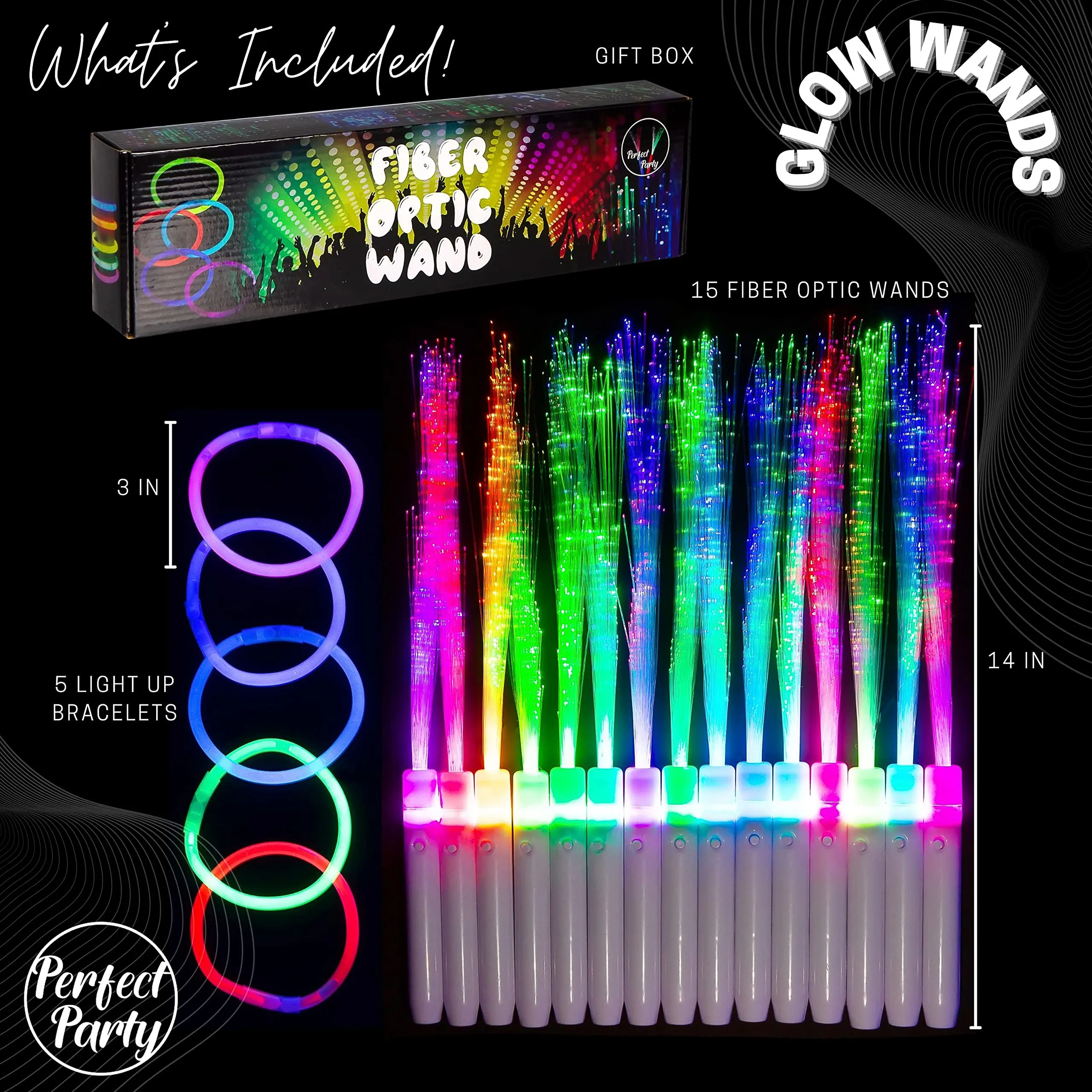 20pc fiber optic wand glow sticks party pack! color changing neon lights wand sparklers and bracelet set! 15x led light stick light up multicolored wands 5x bracelets and batteries