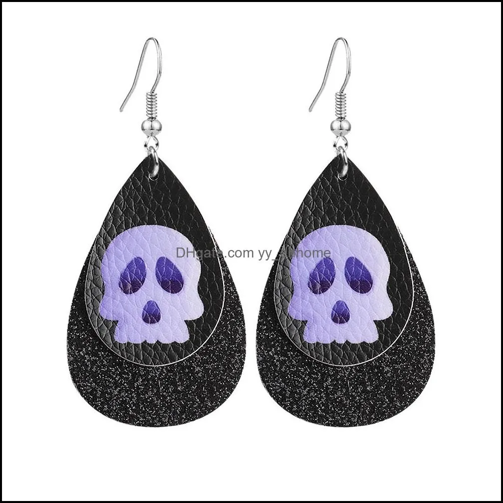 christmas halloween leather earrings for women girls teardrop pumpkin eyes skull print double layer glitter drop earrings jewelry