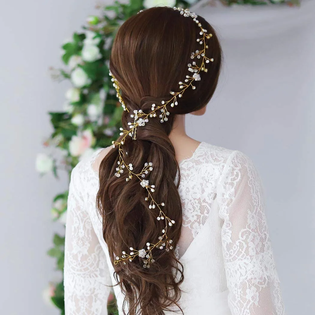 bride long wedding hair vines crystal bridal headpieces wedding hair pieces accessories for women and girls gold