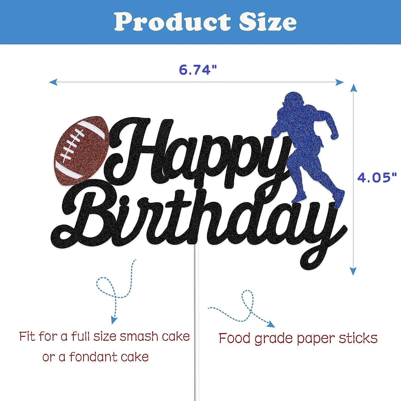 3ml football cake topper happy birthday cake topper for football / sport theme birthday party decoration black glitter