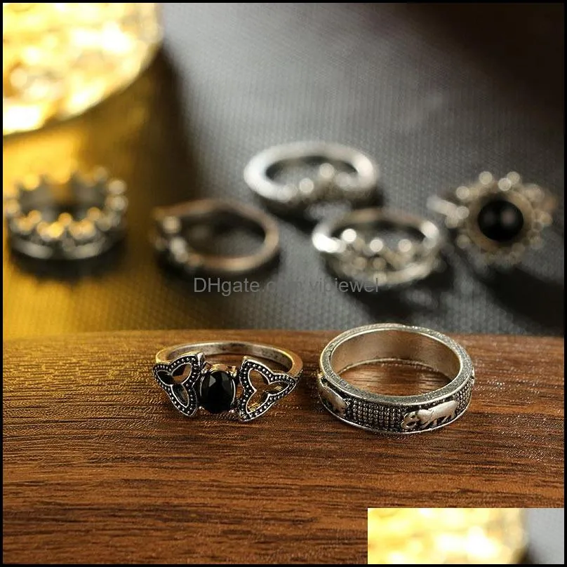 10pcs/set vintage crown flower heart elephant shape knuckle ring set elegant big hollow ring for women fashion jewelry