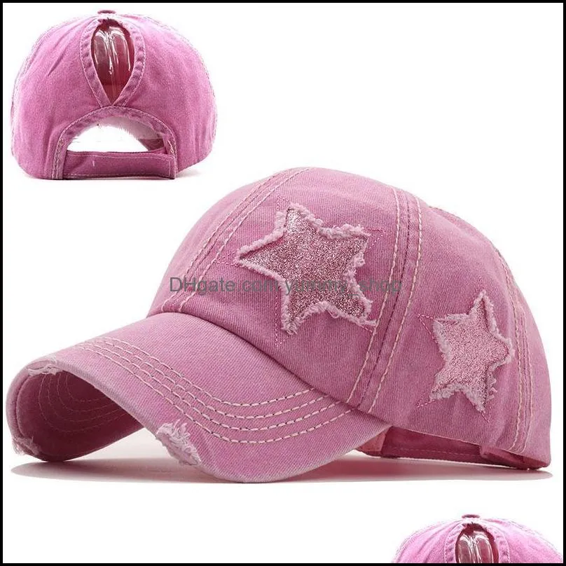 outdoor sport ponytail hats sequin pentagram ball caps washed hole net hat classics women adjustable headgear colourful