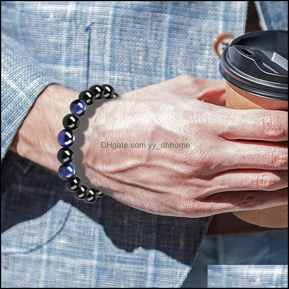 6pcs classic blue tiger eye natural stone strands bracelets adjustable size 8mm 10mm braided onyx beaded bracelet men women couple jewelry gifts