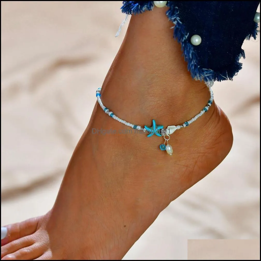 Europe and the United States retro anklet silver conch starfish beads anklet female beach sea hawaii summer hot jewelry