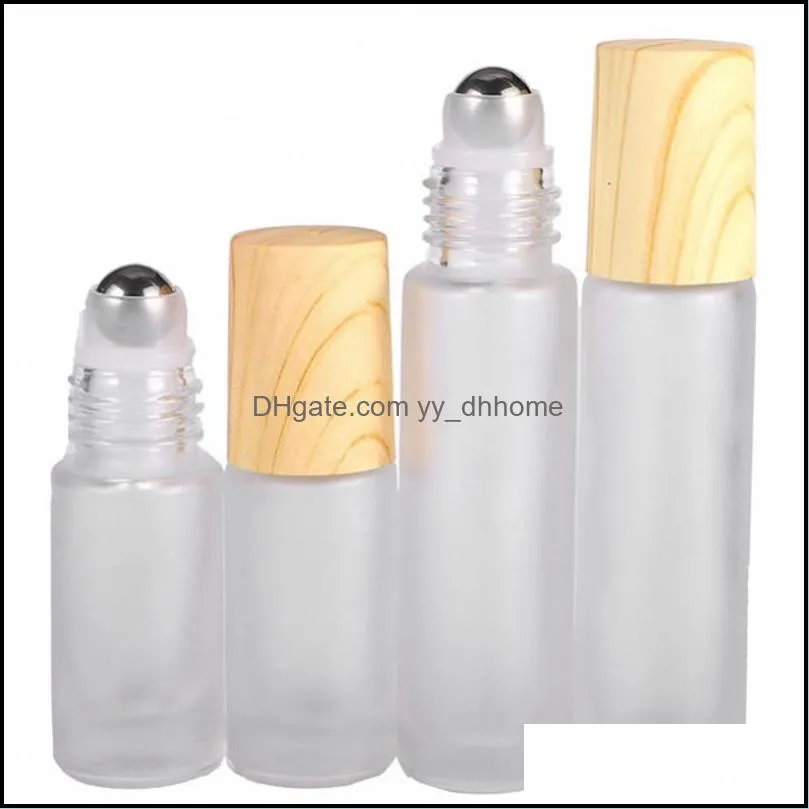 Glass Clear Frosted Empty Bottles 5ml 10ml Metal Roller Ball Wood Grain Plastic Perfume Bottle Portable Vials Travel New Arrival 2js