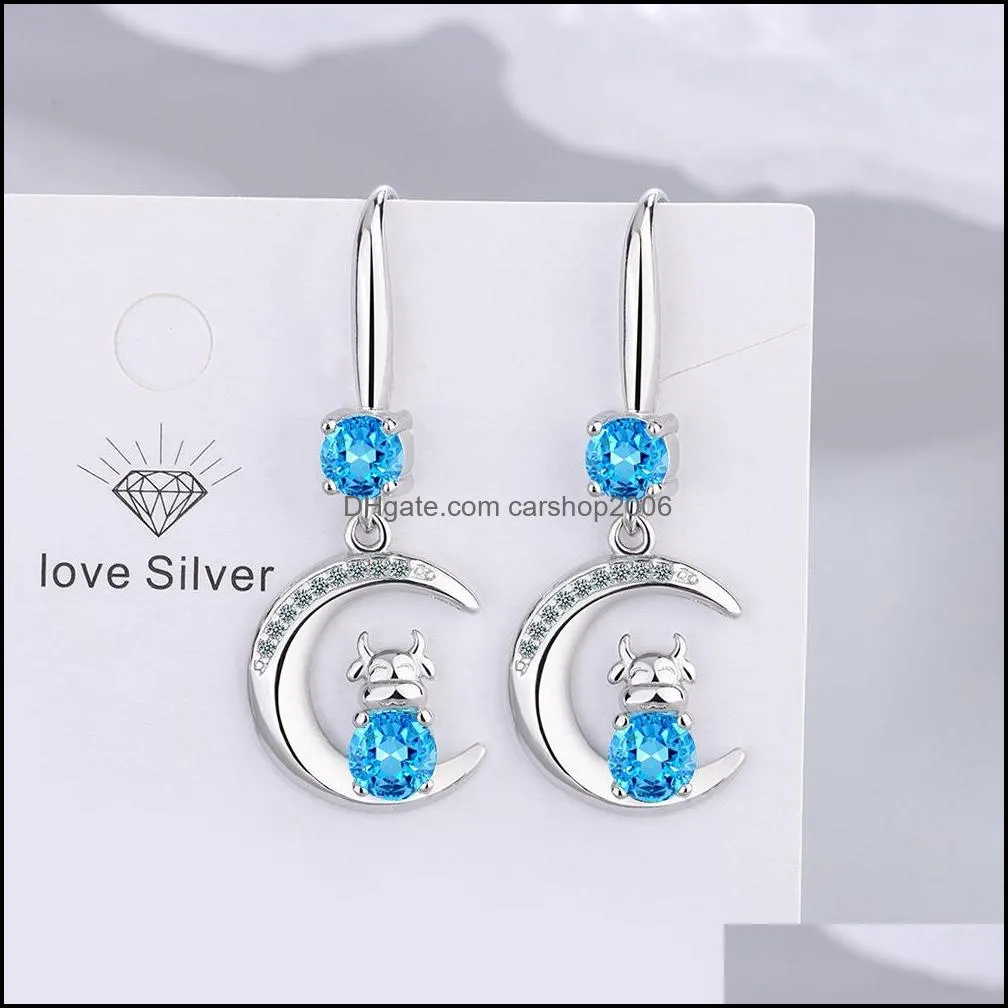 moon cow charms s925 stamp silver earrings blue pink white zircon earring jewelry shiny crystal tassel hoops piercing earrings for women wedding party