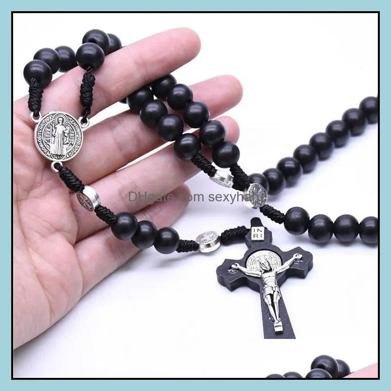 Wooden Bead Rosary Necklace Cross Prayer Jesus Necklaces for Women Men Classic Religious Wood Pendants Jewelry Accessories