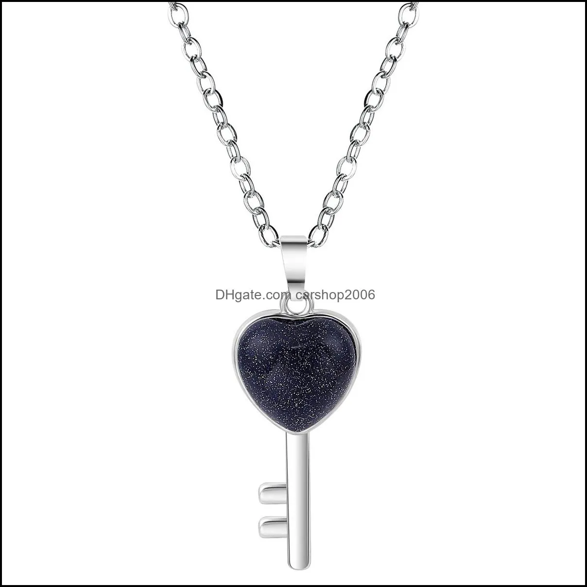 Lucky Love Heart Key Pendant Necklace for Women Men Birthstone Healing Chakra Crystal Quartz Jewelry 45CM Silver Chain