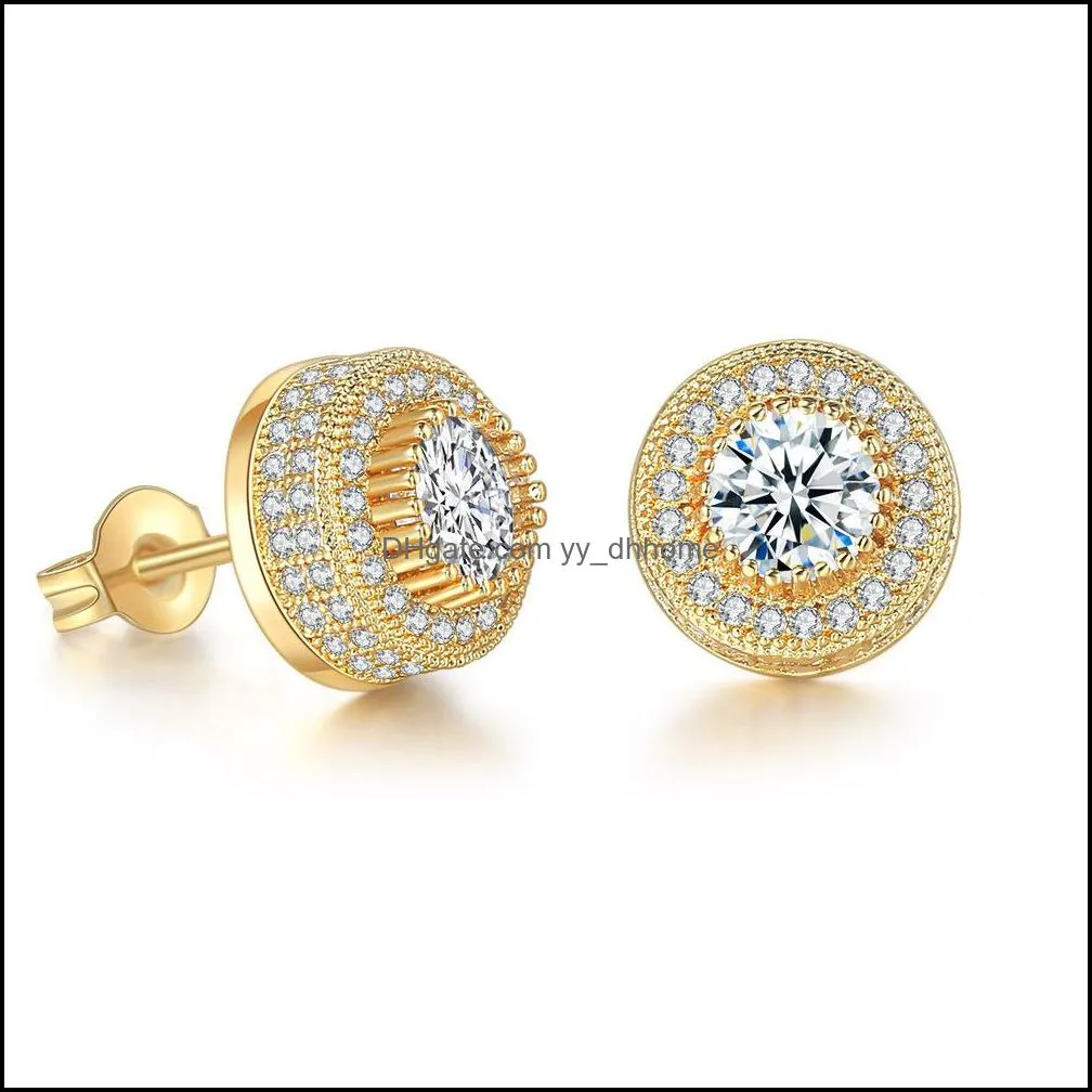 Gold Plated Bling Stud Earrings for Men Women Hip Hop Streetwear Rapper Diamond Earring Wedding Rhinestones Ear Jewelry W52F
