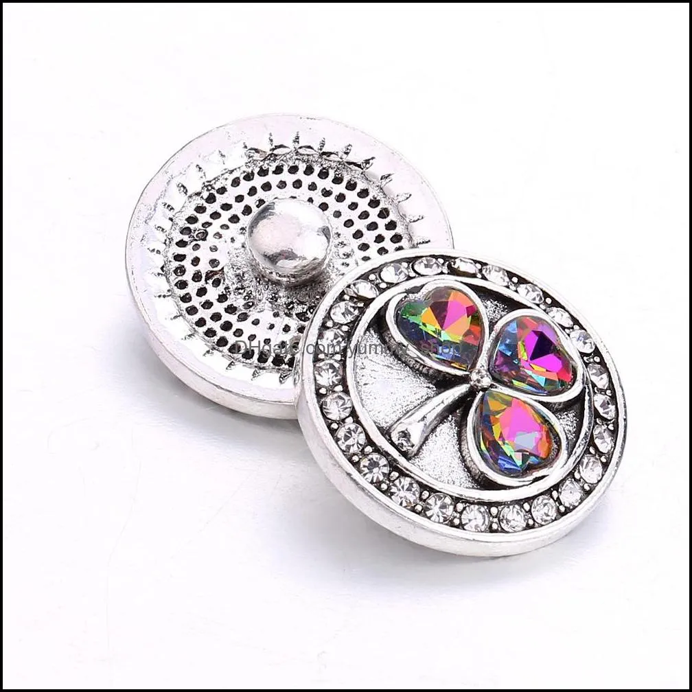 colorful crystal heart leaf snap button jewelry components silver round 18mm metal snaps buttons fit bracelet bangle noosa for women men