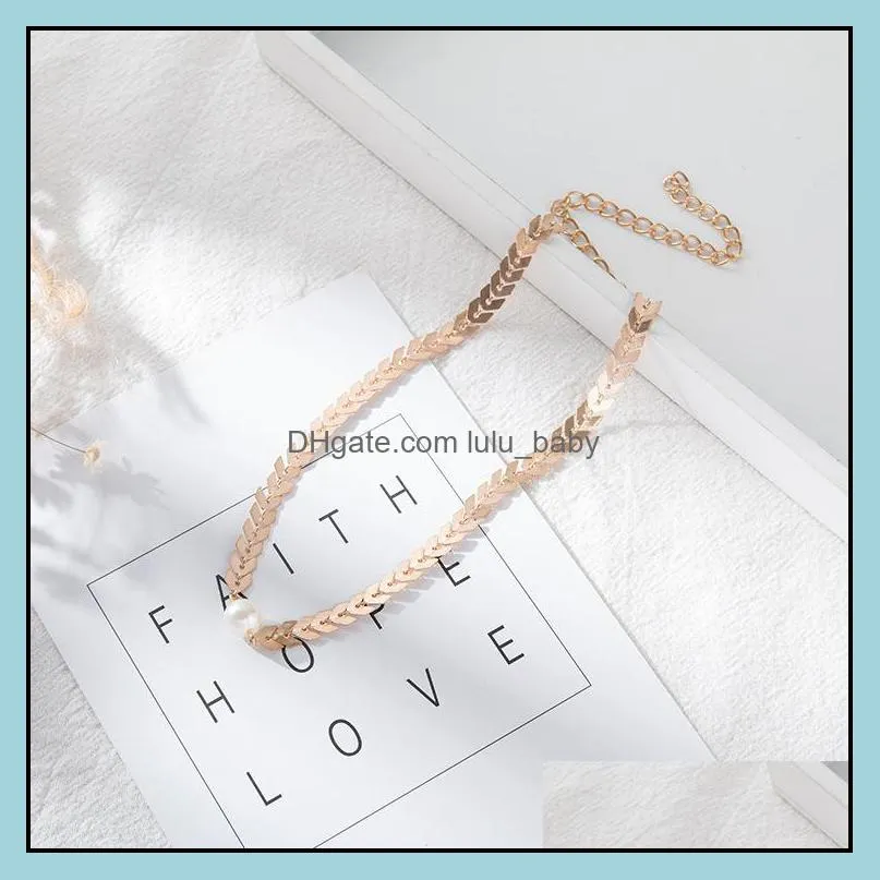 women simple delicate gold layered chokers handmade chain necklace with artificial pearl cheap wholesale drop shipping