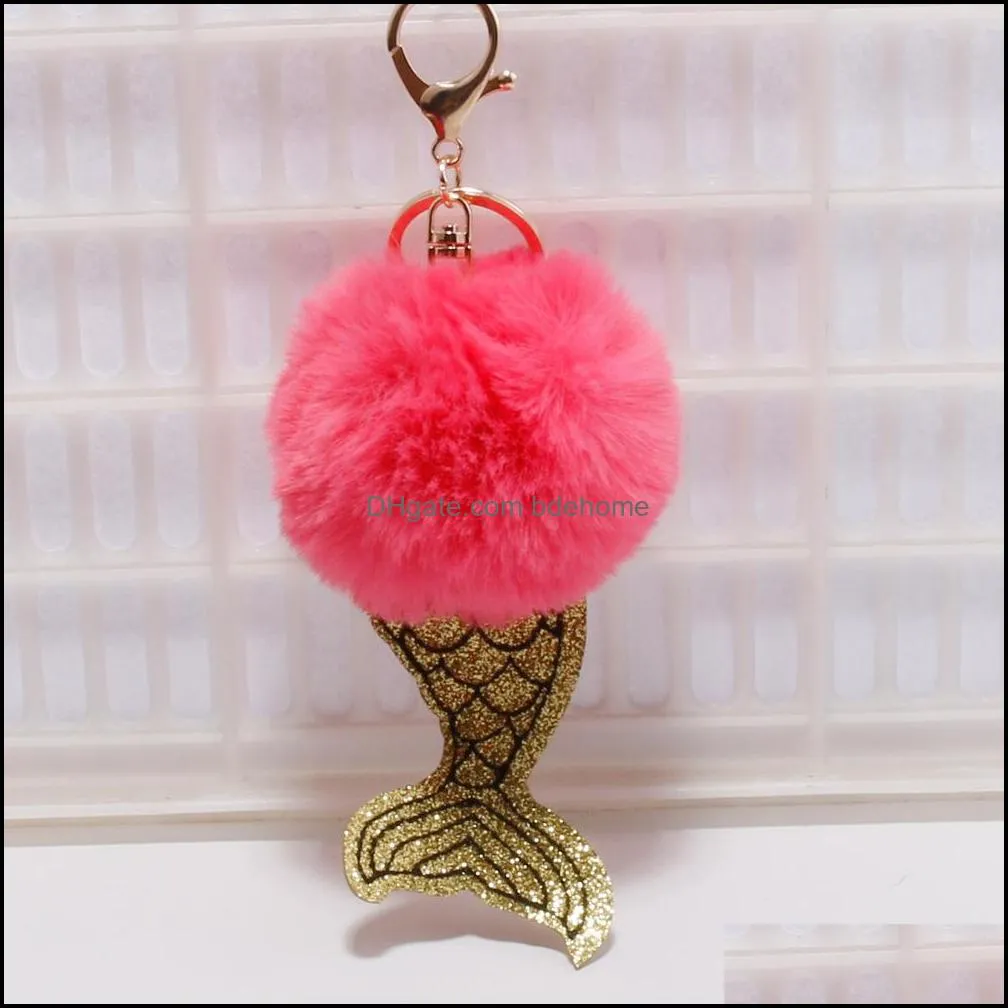 fur ball mermaid keychains keyring 8cm pompom key rings charm pendant keyfob keychain fashion accessories women xmas gifts g252q