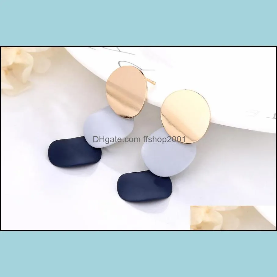 Round Button Dangle Stud Earrings - Triple Gold Blue Acrylic Matte Paint Curved Discs Drop Jewelry Gift for Women