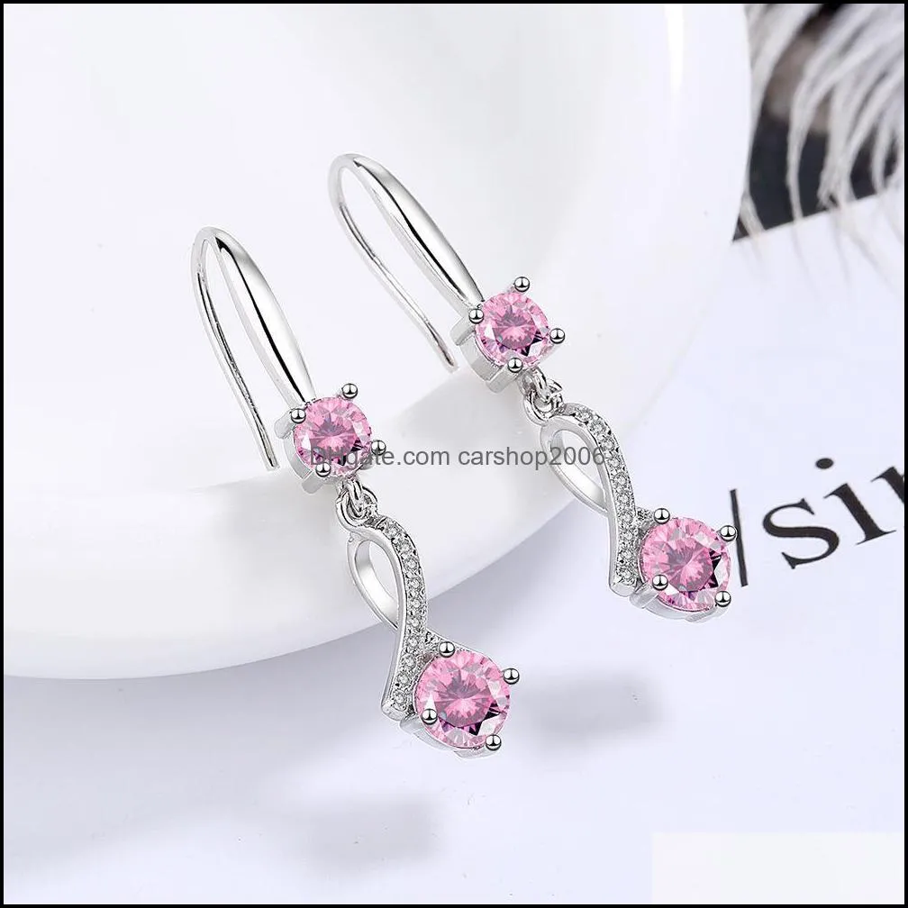 s925 stamp silver plated crystal charms pink blue white zircon earrings tassel hook type women`s fashion jewelry earrings wedding party