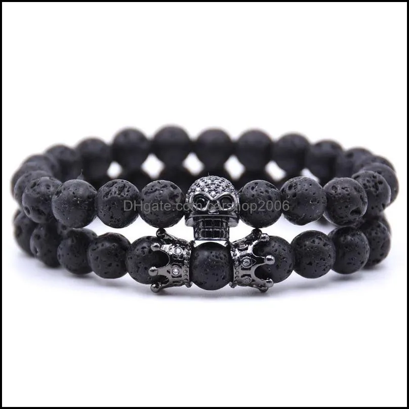 Couple black matte agate lava beads crown zircon skeleton 8 mm beaded bracelet (2 pieces)