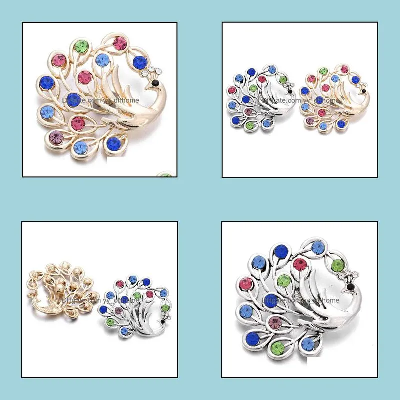 colorful rhinestone peacock snap button jewelry components silver gold 18mm metal snaps buttons fit bracelet bangle noosa